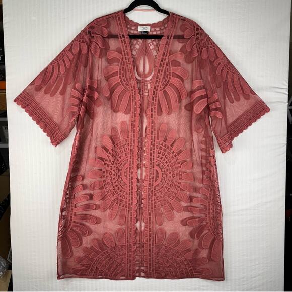 David And Young Elegant Rose Pink Floral Lace Duster Kimono Top Women’s One Size - Picture 1 of 5